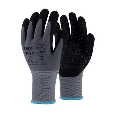 Kesztyű nylon, homokszemcsés nitrilhabba mártott, tenyér pontozással TOP SNS-D, fekete/szürke, 8